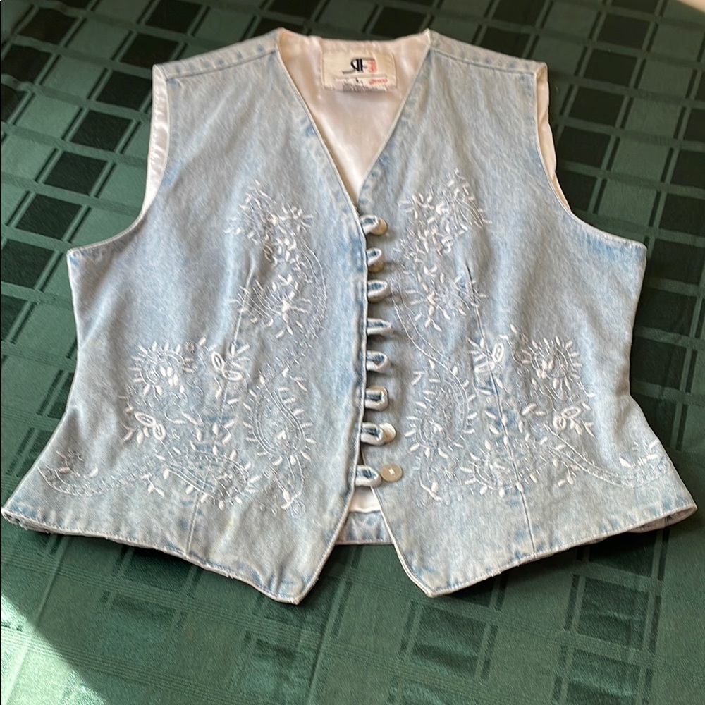 Light Blue Embroidered Denim Vest